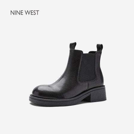 Nine West/玖熙真皮切尔西短靴女粗跟松紧弹力显腿长通勤百搭单靴
