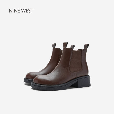 Nine West/玖熙圆头真皮切尔西短靴女松紧弹力粗跟通勤显瘦时装靴
