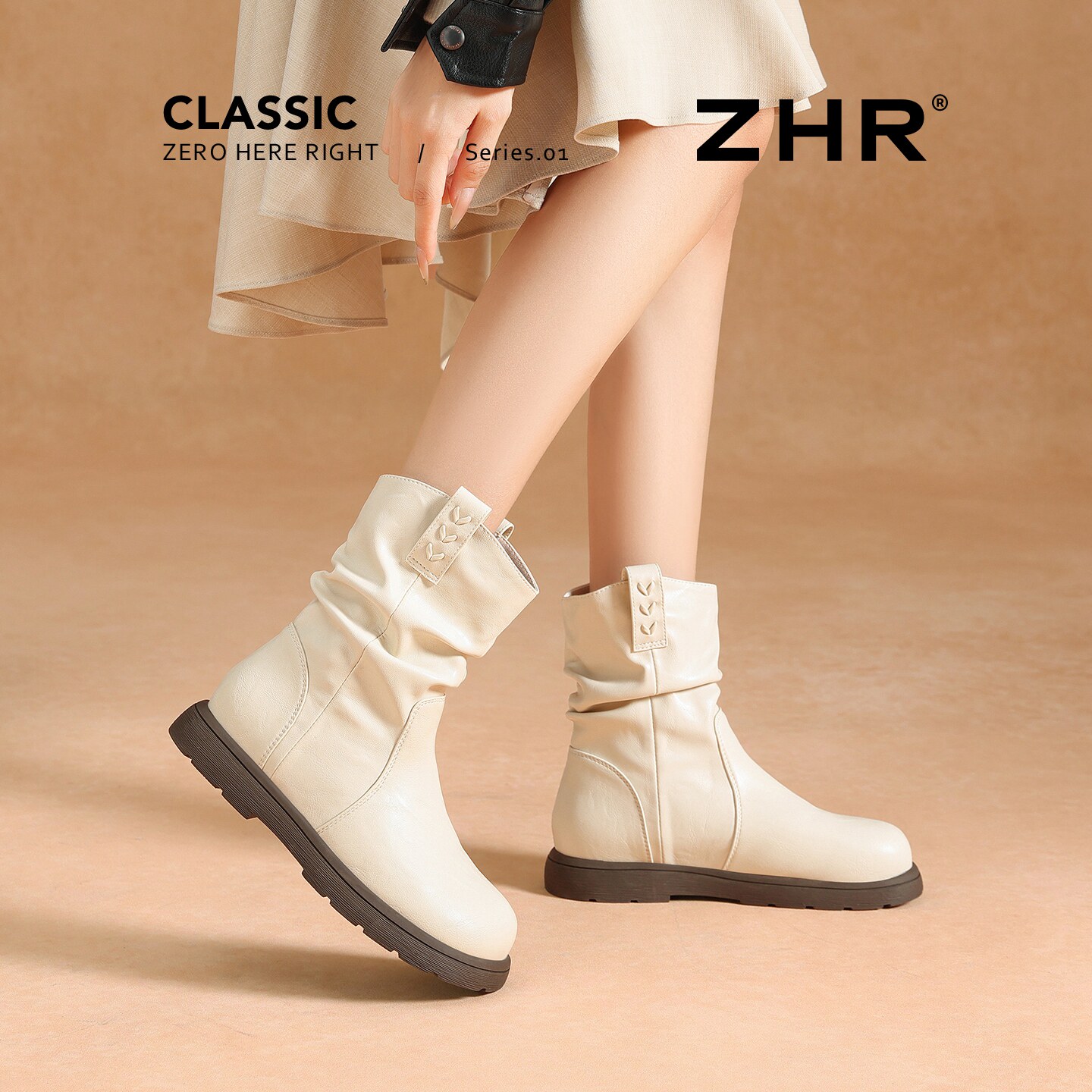 ZHR则则短靴女款2026新款白色褶皱堆堆靴舒适百搭川西旅行新疆靴主图