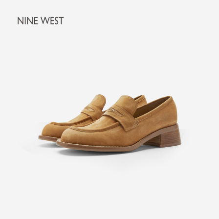 Nine West/玖熙复古风反绒皮乐福鞋女粗跟一脚蹬真皮单鞋通勤