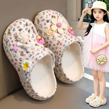 官网品牌女童碎花洞洞鞋防滑夏季儿童外穿拖鞋沙滩包头凉鞋中大童