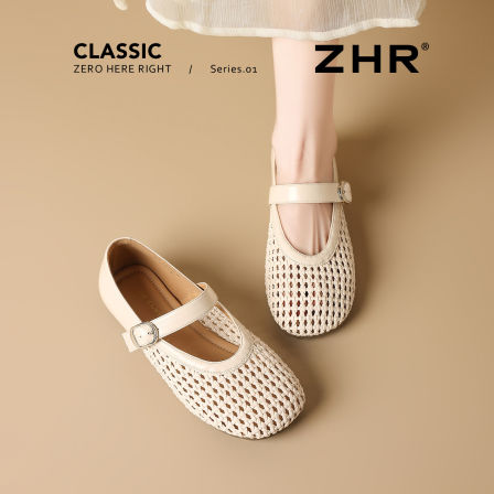 ZHR/则则编织平底单鞋女2026新款夏镂空透气洞洞凉鞋白色玛丽珍鞋