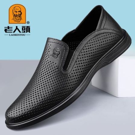 老人头男鞋夏季新款真皮休闲皮鞋男士镂空透气爸爸鞋洞洞凉皮鞋男