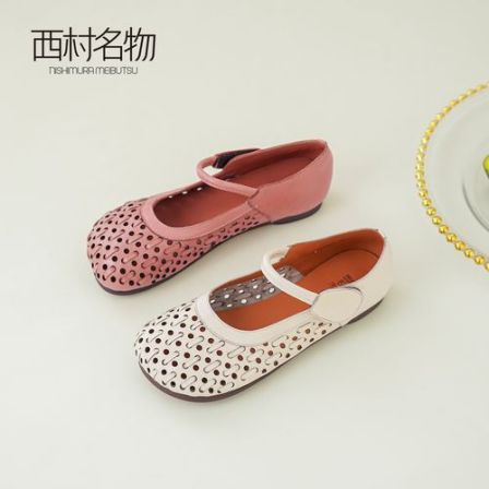 西村名物夏季真皮镂空玛丽珍鞋魔术贴软底防滑女鞋一字带洞洞凉鞋