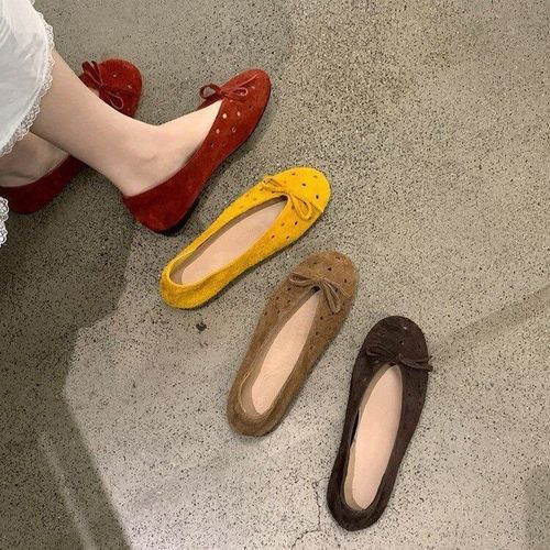 UHCK韩式蝴蝶结浅口单鞋女夏季新款配裙子一脚蹬平底芭蕾鞋洞洞奶主图