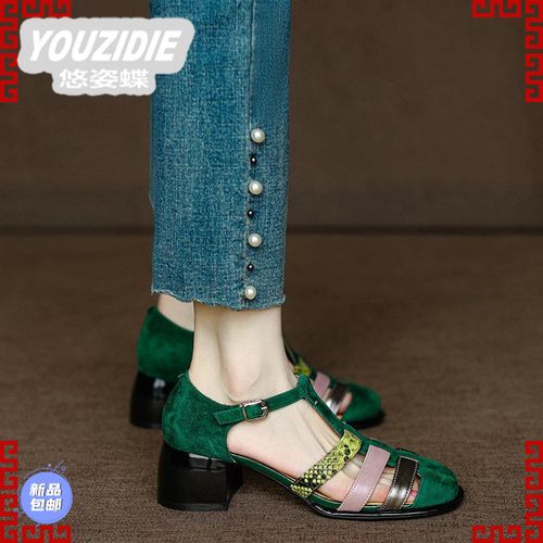 夏季新款狠时尚~法式包头粗跟凉鞋女夏高跟拼色镂复古土豆洞洞鞋主图