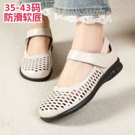 牛皮洞洞凉鞋女夏季平底防滑透气复古妈妈鞋大码女鞋40-41-42-43