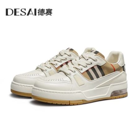 德赛【原生胎牛皮】男士夏季新款时尚休闲百搭复古真皮低帮气垫潮鞋