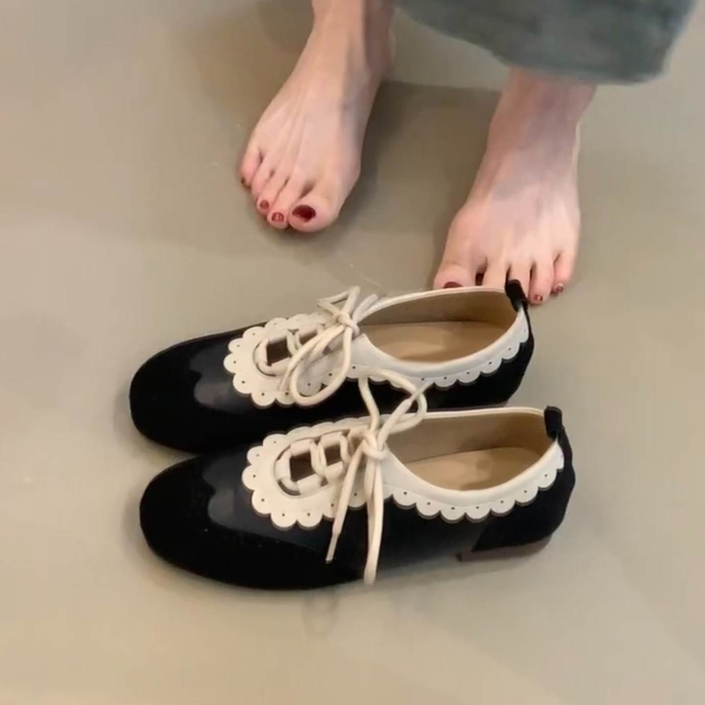羊皮版~韩版复古轻便百搭时尚舒适休闲鞋女慵懒松弛感系带德训鞋主图