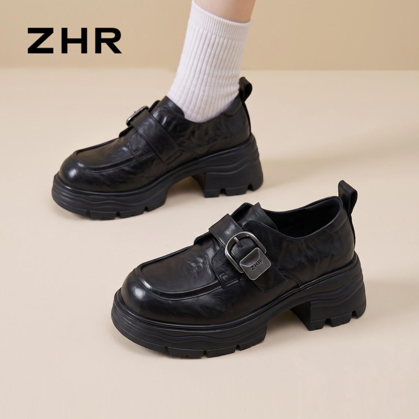 ZHR则则厚底羊皮乐福鞋女2026秋季新款软底小皮鞋增高英伦风单鞋主图