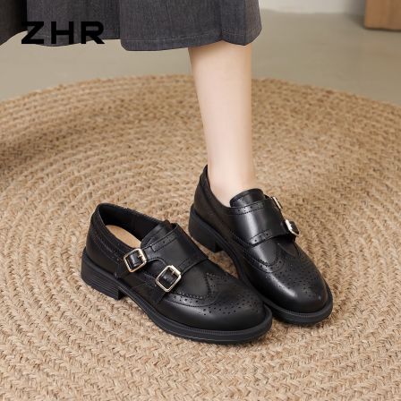 ZHR则则平底黑色乐福鞋女2026秋新款布洛克雕花皮鞋通勤百搭单鞋