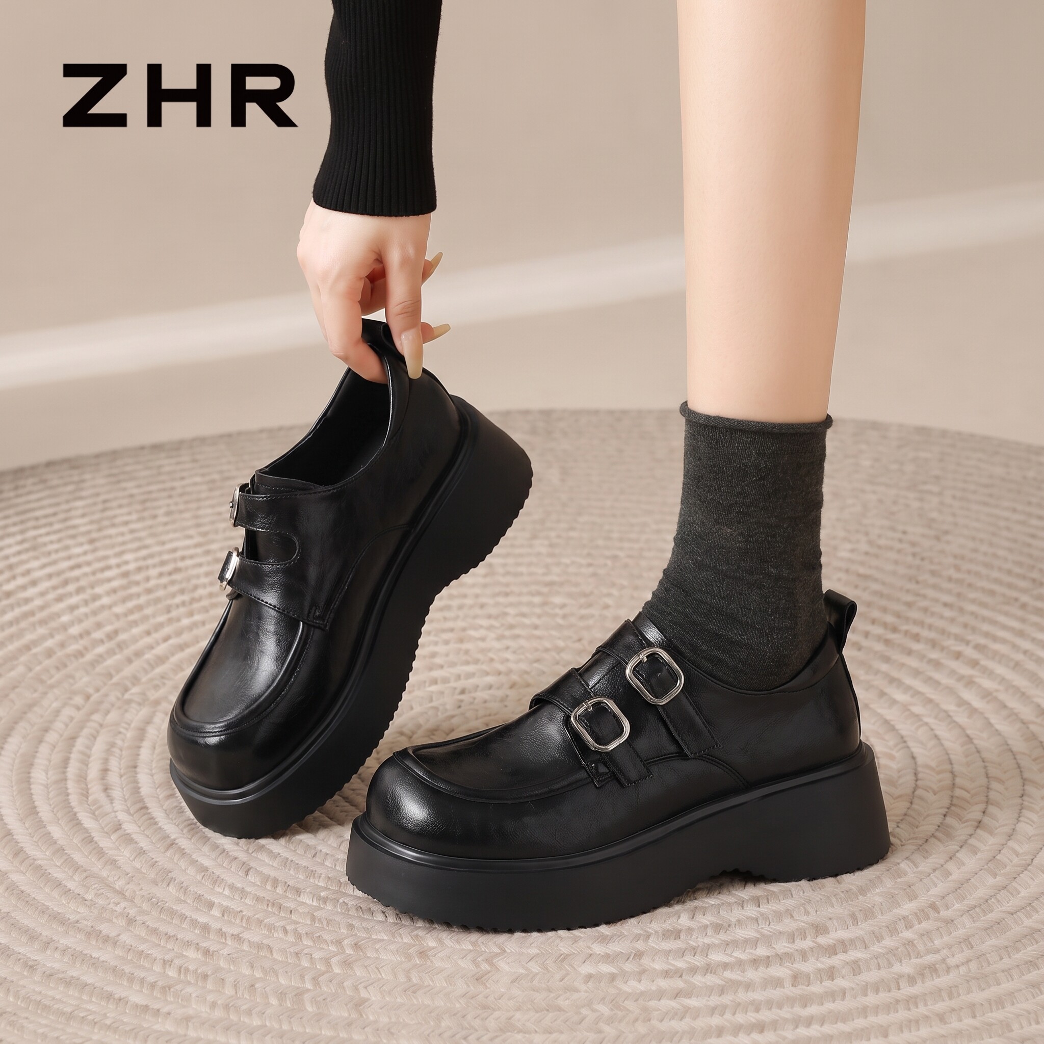 ZHR则则英伦风黑色小皮鞋女2026秋季新款厚底增高乐福鞋百搭单鞋主图