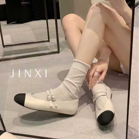 鱼姬少女~小香风拼色钻扣平底单鞋女玛丽珍鞋