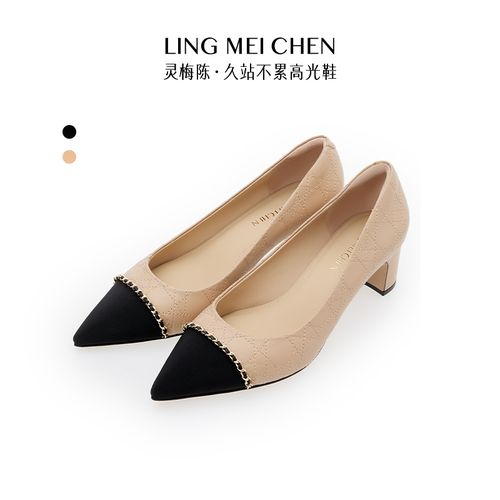 【金美伶专属】LING MEI CHEN绗缝小香黑色气质女鞋低跟百搭粗跟不累脚单鞋主图