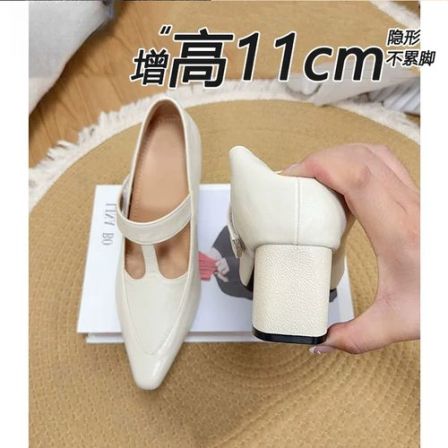 内增高11cm矮子乐真皮单鞋女2026夏新款气质法式粗跟浅口尖头复古