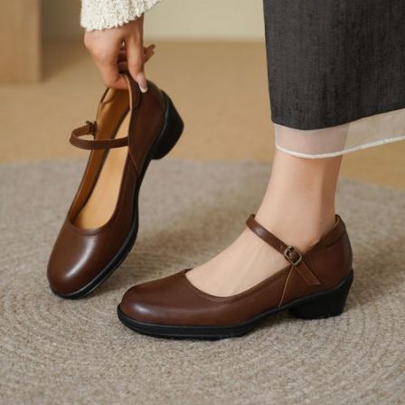 跟高5CM/真皮女鞋法式复古棕色圆头浅口粗跟一字扣带玛丽珍单鞋女