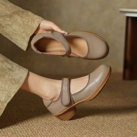 跟高5CM/夏季法式复古圆头浅口粗跟厚底真皮单鞋一字扣带玛丽珍女