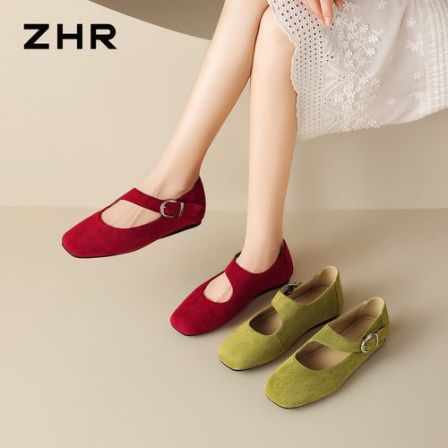 ZHR/则则玛丽珍鞋女夏季新款法式复古红绿色平软底浅口芭蕾单鞋Z