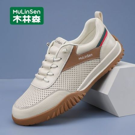 木林森男鞋2026新款夏季真皮透气运动阿甘德训鞋休闲皮鞋小白板鞋