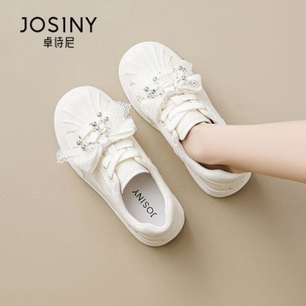 JOSINY/卓诗尼2026春季新款贝壳头小白鞋时尚增高蝴蝶结蕾丝板鞋