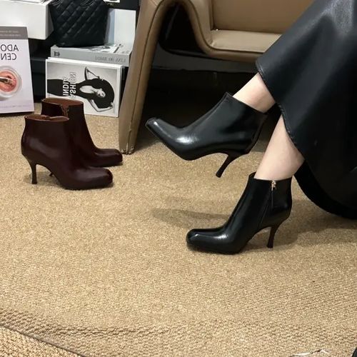 POMORROW旗舰店方头细跟短靴女职业通勤百搭显瘦舒适软皮瘦瘦靴女主图