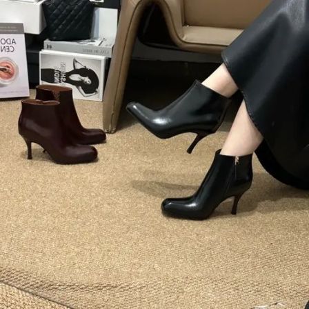 POMORROW旗舰店方头细跟短靴女职业通勤百搭显瘦舒适软皮瘦瘦靴女