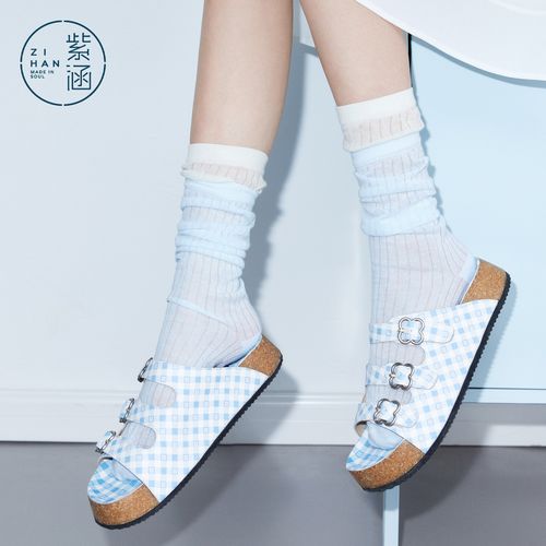 紫涵格纹印花博肯拖鞋女2026夏季新款三扣带软木厚底休闲外穿凉拖主图