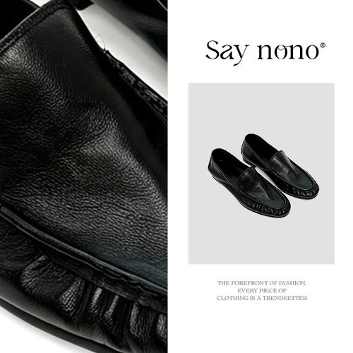 Say nono 头层水牛皮时尚老钱风褶皱乐福鞋休闲舒适单鞋女 2cm主图