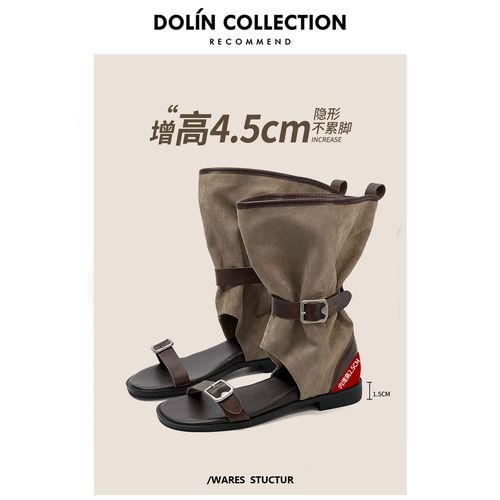 【黄蓉专属】Dolin-B度假废士风堆堆短靴女皮带扣罗马凉靴内增高西部露趾凉鞋主图