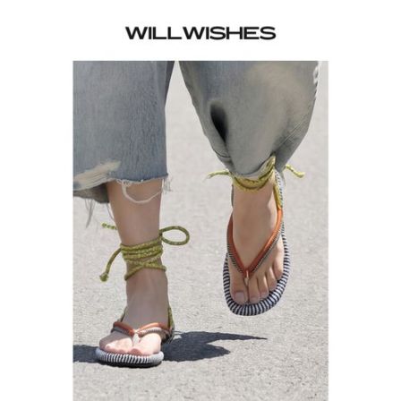 WILLWISHES/王玎设计女鞋夏季一字带夹趾平底鞋网红凉拖鞋女外穿