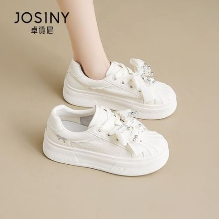 JOSINY/卓诗尼2026春季小白鞋时尚增高蝴蝶结新款贝壳头蕾丝板鞋