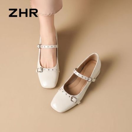 ZHR/则则玛丽珍鞋女夏季新款铆钉法式复古浅口软底百搭配裙单鞋Z