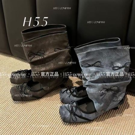 【交个朋友专属】H55女鞋时髦捕手【靴子版】双蝴蝶结芭蕾风猫跟高跟鞋03-3640-pp
