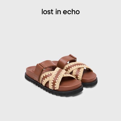 lost in echo2026年夏季新款度假手工编织真皮条带厚底勃肯拖鞋女主图