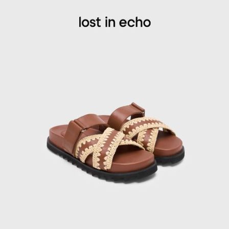 lost in echo2026年夏季新款度假手工编织真皮条带厚底勃肯拖鞋女