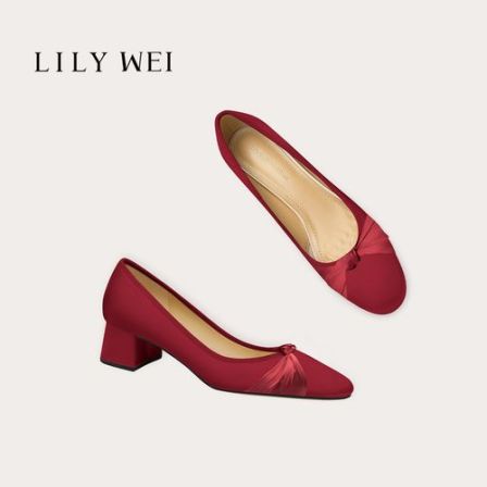 LilyWei【桃雾甜眠】法式红色圆头方跟温柔风高跟鞋蝴蝶结约会鞋