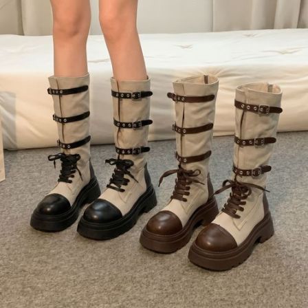 贾不假马丁靴女2026新款夏季机车风皮带扣厚底拼色系带潮流休闲靴