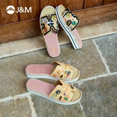 J&M/快乐玛丽夏季新款时尚百搭手工编织名族风透气女拖鞋51592W