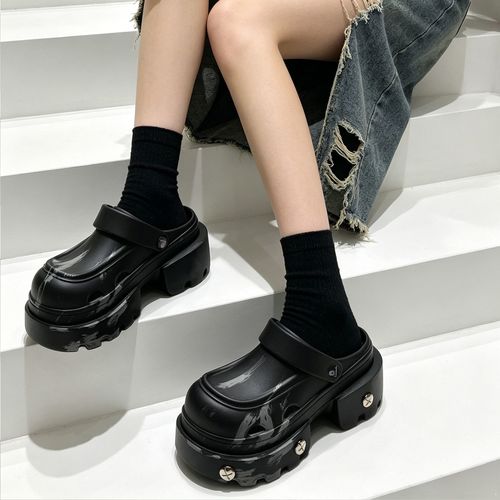 2026新款厚底洞洞鞋男女夏季炸街涂鸦包头半拖鞋大头增高朋克凉拖主图