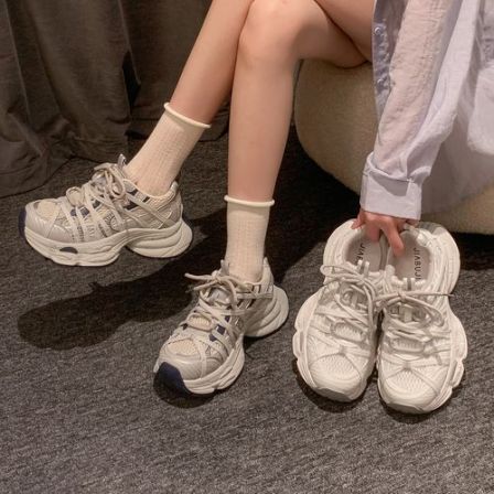 贾不假老爹鞋女款2026新款夏季厚底增高时尚百搭系带银色运动潮鞋