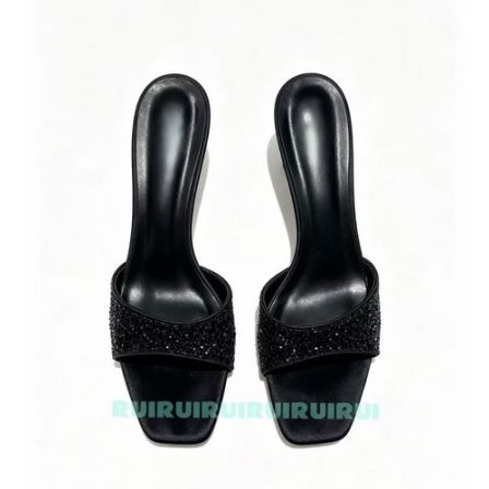 【HAN】黑色一字带满钻细跟凉拖鞋女D0577