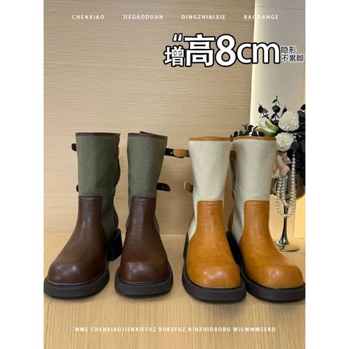 不累脚！隐形内增高8CM圆头粗跟靴子2026新款皮带扣中筒靴女主图