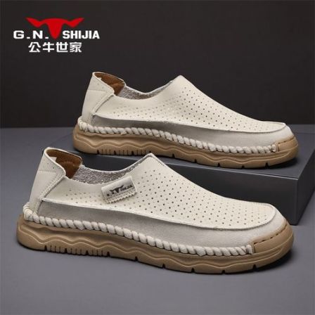 公牛世家男鞋2026新款夏季百搭潮鞋透气牛皮鞋一脚蹬白厚底板鞋