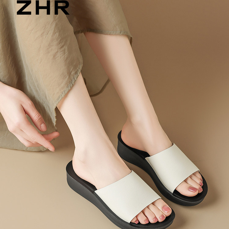 ZHR则则厚底拖鞋女2026夏新款真皮外穿配裙子女士一字拖沙滩凉拖主图