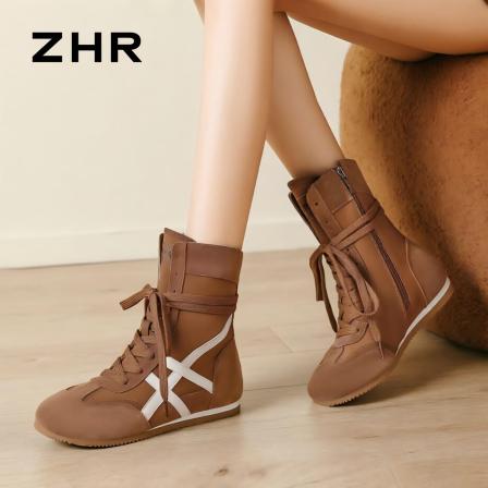 ZHR则则真皮拳击靴女2026秋新款内增高系带短靴复古德训鞋工装靴