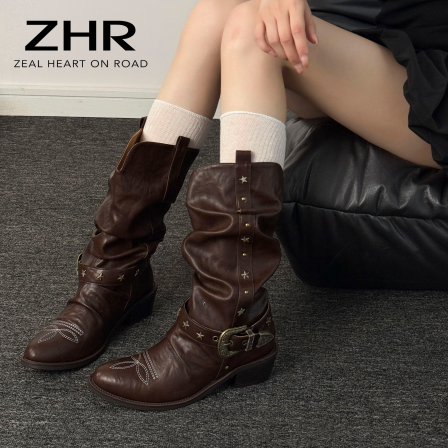 ZHR则则彭雅琦同款美拉德短靴女2026秋新款时尚中筒堆堆靴牛仔靴