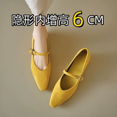 羊皮版~法式黄色内增高一字扣单鞋女温柔气质配裙子浅口玛丽珍鞋