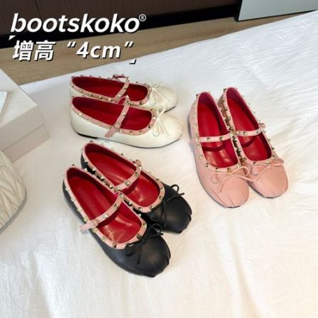 真皮版法式铆钉蝴蝶结芭蕾风单鞋女小众褶皱百搭一字扣带玛丽珍鞋