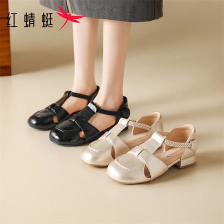 【杨颖代言】红蜻蜓新款女夏季单鞋圆头镂空编织带低跟仙女外穿凉鞋