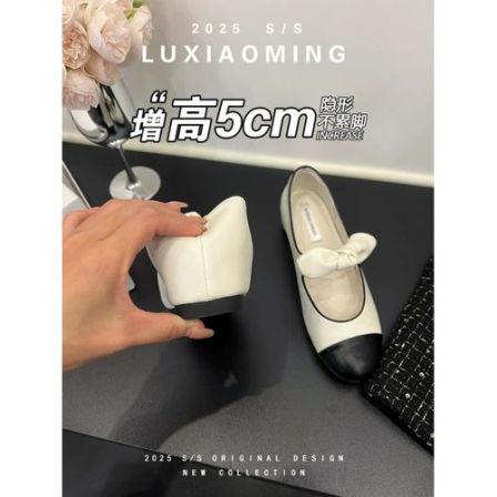 羊皮版~小香风圆头蝴蝶结玛丽珍鞋女新款小个子内增高芭蕾单鞋女